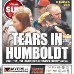 Ottawa Sun front page with headline "Tears in Humboldt: Vigil for lost loved ones at town's hockey arena"