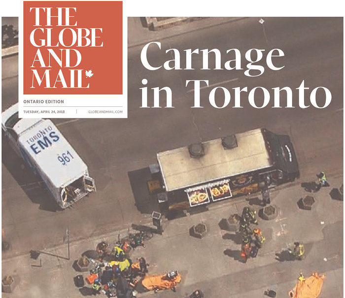 Globe and Mail front page with headline "Carnage in Toronto"