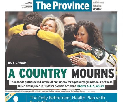 The Province front page with headline "A country mourns"