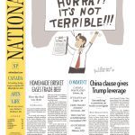 National Post front page with headline "Is this really a win for Canadians?" with cartoon of Justin Trudeau holding paper that says "USMCA" with a speech bubble saying "Hurray! It's not terrible!!!"