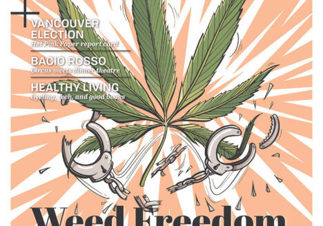 The Georgia Straight cover page with headline "Weed Freedom" and illustration of marijuana leaf and broken handcuffs