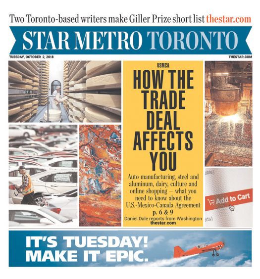 Star Metro Toronto front page with USMCA headline "How the trade deal affects you"