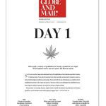 Globe and Mail front page with headline "Day 1" and illustration of marijuana leaf