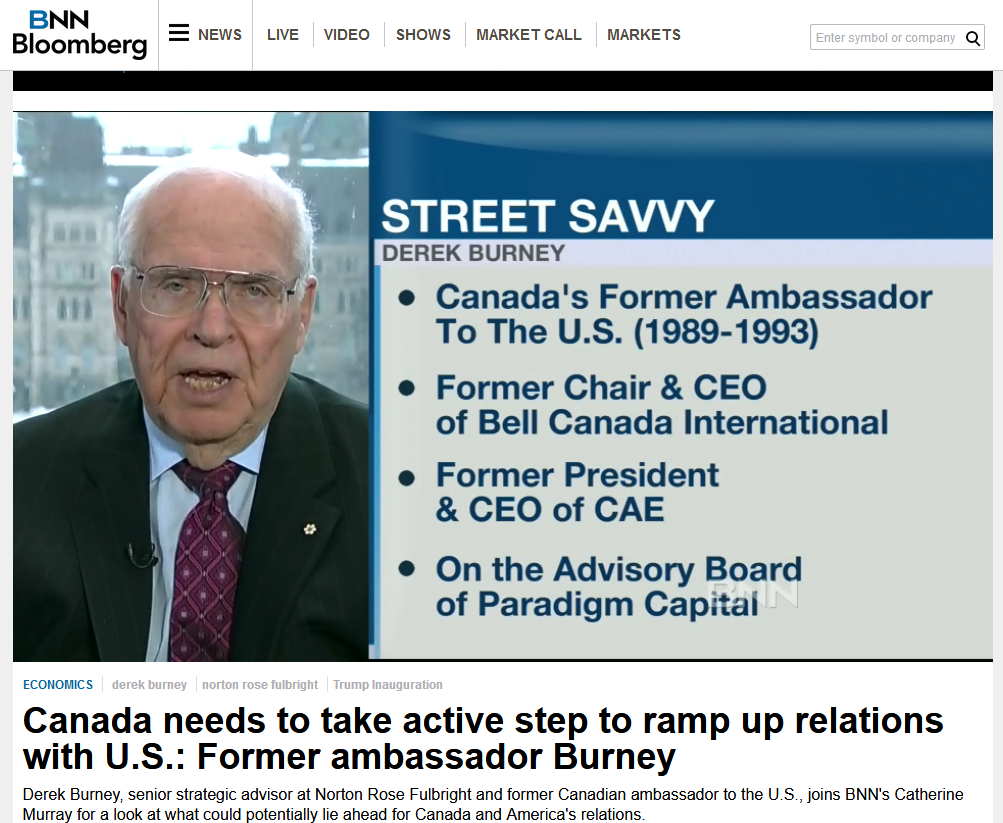 Appearing on BNN Bloomberg on January 20, 2017, while a director of TransCanada, neither the network nor Burney disclose his TransCanada directorship nor his GardaWorld advisory position. In the course of the discussion, Burney says, “There are a lot of other areas where Canada has mutual interest with the United States. I’m talking about security, I’m talking about energy, I’m talking about infrastructure.”