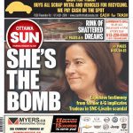 Ottawa Sun front page with headline "She's the bomb: Explosive testimony from former A-G implicates Trudeau in SNC-Lavalin scandal" and a photograph of Jody Wilson-Raybould