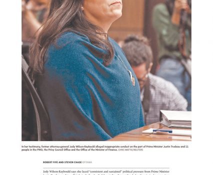 Globe and Mail front page with headline 'An effort to politically interfere' in single quotes and a photograph of Jody Wilson-Raybould testifying