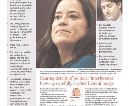 Toronto Star front page with headline "Wilson-Raybould speaks her truth" and a photograph of Jody Wilson-Raybould