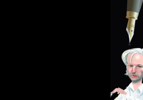 Illustration of Julian Assange with fountain pen overhead over black background