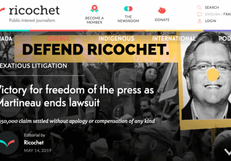 Screenshot of Ricochet story "Victory for freedom of the press as Martineau ends lawsuit". Subheading: $350,000 claim settled without apology or compensation of any kind