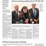 The Hamilton Spectator front page with lead story headline "Doctor tests positive for COVID-19"
