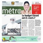 Métro front page with lead story headline "Pandémie mondiale"