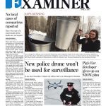 The Peterborough Examiner front page with headlines "No local cases of coronavirus reported," "New police drone won't be used for surveillance"