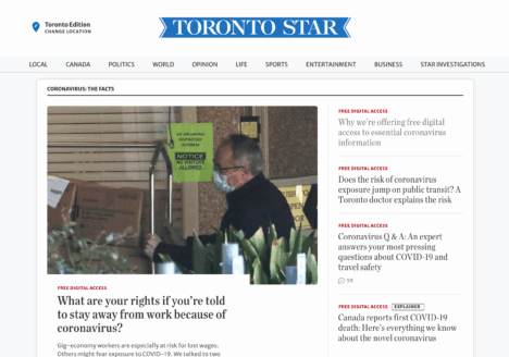 Toronto Star homepage with feature story headline "What are your rights if you're told to stay away from work because of the coronavirus""
