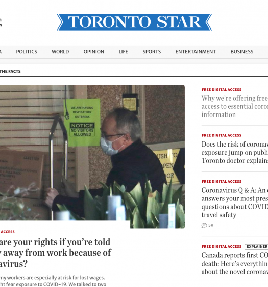Toronto Star homepage with feature story headline "What are your rights if you're told to stay away from work because of the coronavirus""