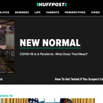 Huffpost homepage with feature story headline "New normal: COVID-19 is a pandemic. What does that mean?"