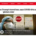 CBC homepage with feature story headline "Coronavirus: EU slams Trump's travel ban, says COVID-19 is a 'global crisis'"