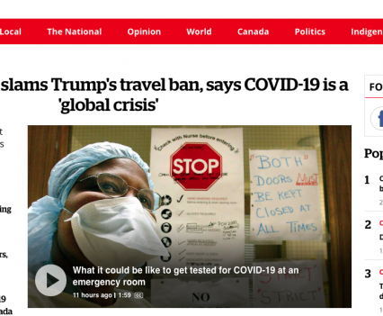 CBC homepage with feature story headline "Coronavirus: EU slams Trump's travel ban, says COVID-19 is a 'global crisis'"
