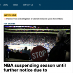 CityNews homepage with feature story headline "NBA suspending season until further notice due to..."