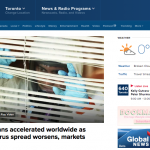 Global News homepage with feature story headline "Travel bans accelerated worldwide as coronavirus spread worsens, markets plunge"