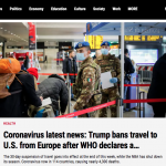 Maclean's homepage with feature story headline "Coronavirus latest news: Trump bans travel to U.S. from Europe after WHO declares a..."