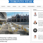 Toronto Star homepage with feature story headline "'Social distancing' could go a long way toward slowing down COVID-19, researchers say"