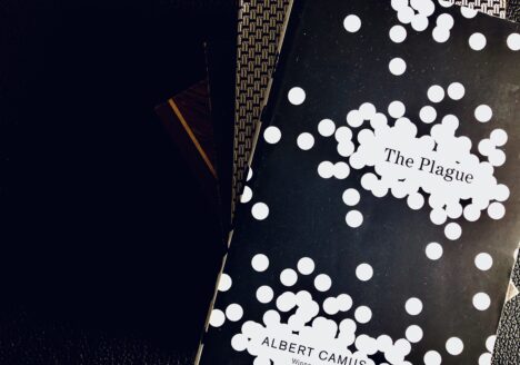 Black and white cover of the Plague by Albert Camus