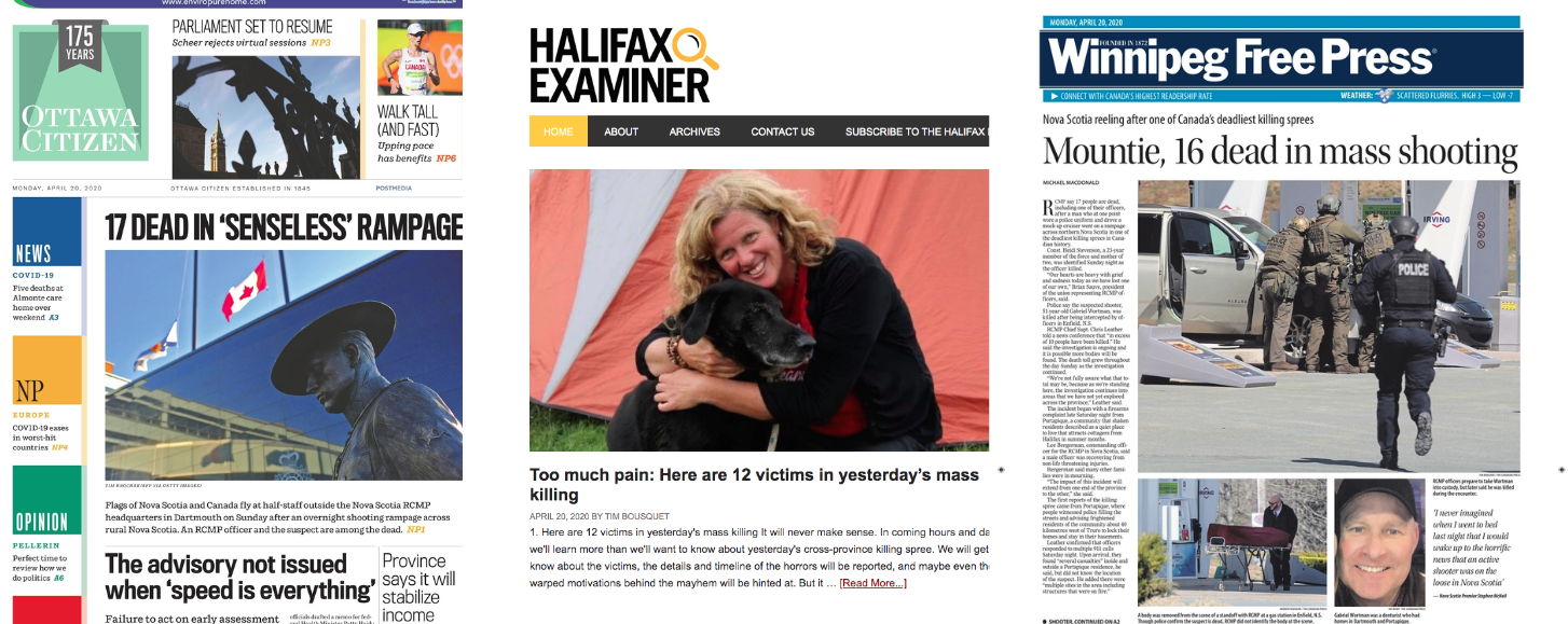 Collage of Ottawa Citizen, Halifax Examiner and Winnipeg Free Press coversn