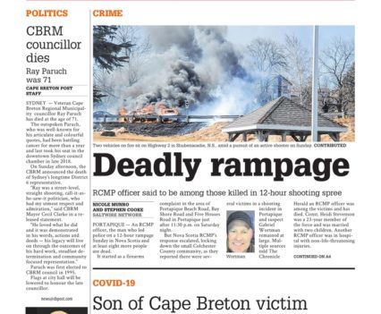 Cape Breton Post front page with lead story headline "Deadly rampage"