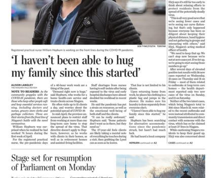 Niagara Falls Review front page with lead story headline "'I haven't been able to hug my family since this started'"