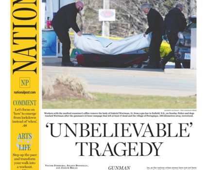 National Post front page with lead story headline "'Unbelievable tragedy'"