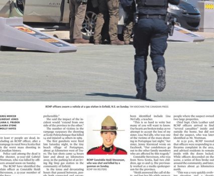 The Globe and Mail front page with lead story headline "Gunman kills at least 16 in Canada's deadliest mass shooting"