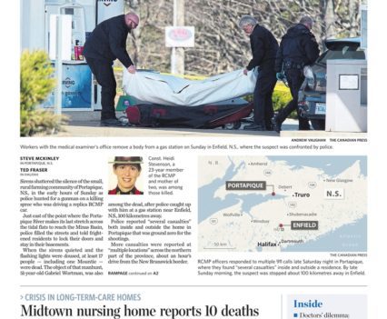 Toronto Star front page with lead story headline "Gunman kills at least 16 in N.S. shooting rampage""