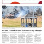 The Telegram front page with lead story headline "At least 13 dead in Nova Scotia shooting rampage"