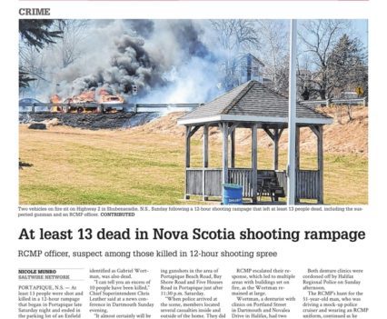 The Telegram front page with lead story headline "At least 13 dead in Nova Scotia shooting rampage"