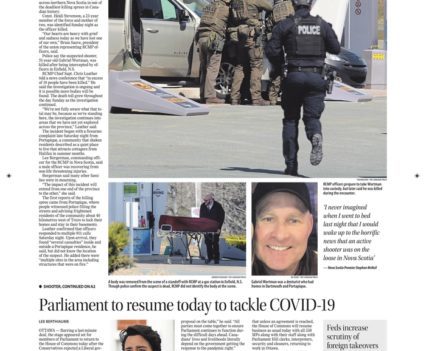 Winnipeg Free Press front page with lead story headline "Mountie, 16 dead in mass shooting"
