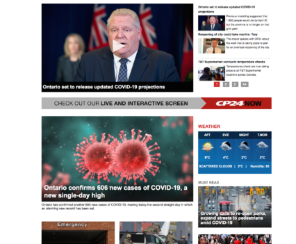CP24 homepage with feature story headline "Ontario set to release updates COVID-19 projections"