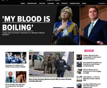 Huffpost homepage with feature story headline "'My Blood is Boiling': Trudeau, May dub Scheer 'irresponsible' for wanting to resume Parliament"
