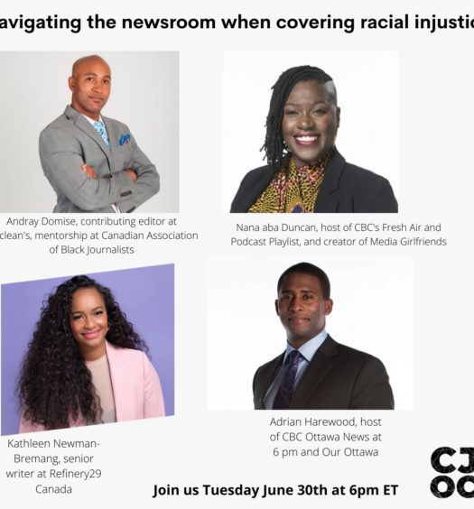 Headshots of panelists with event title above and Canadian Journalists of Colour logo in the bottom right corner.