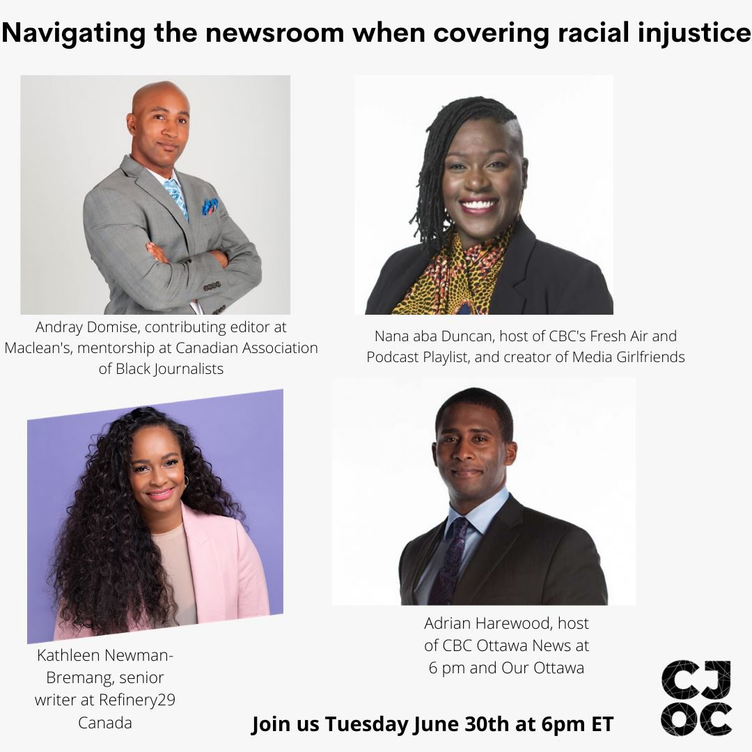 Headshots of panelists with event title above and Canadian Journalists of Colour logo in the bottom right corner.