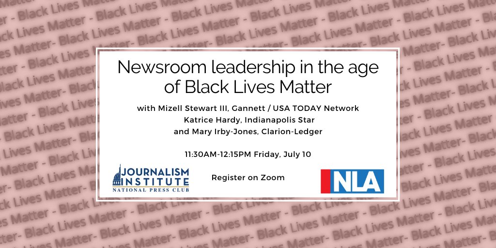 A box with event details and the title 'Newsroom Leadership in the age of Black Lives Matter.' The background bears the words 'Black Lives Matter' repeatedly.