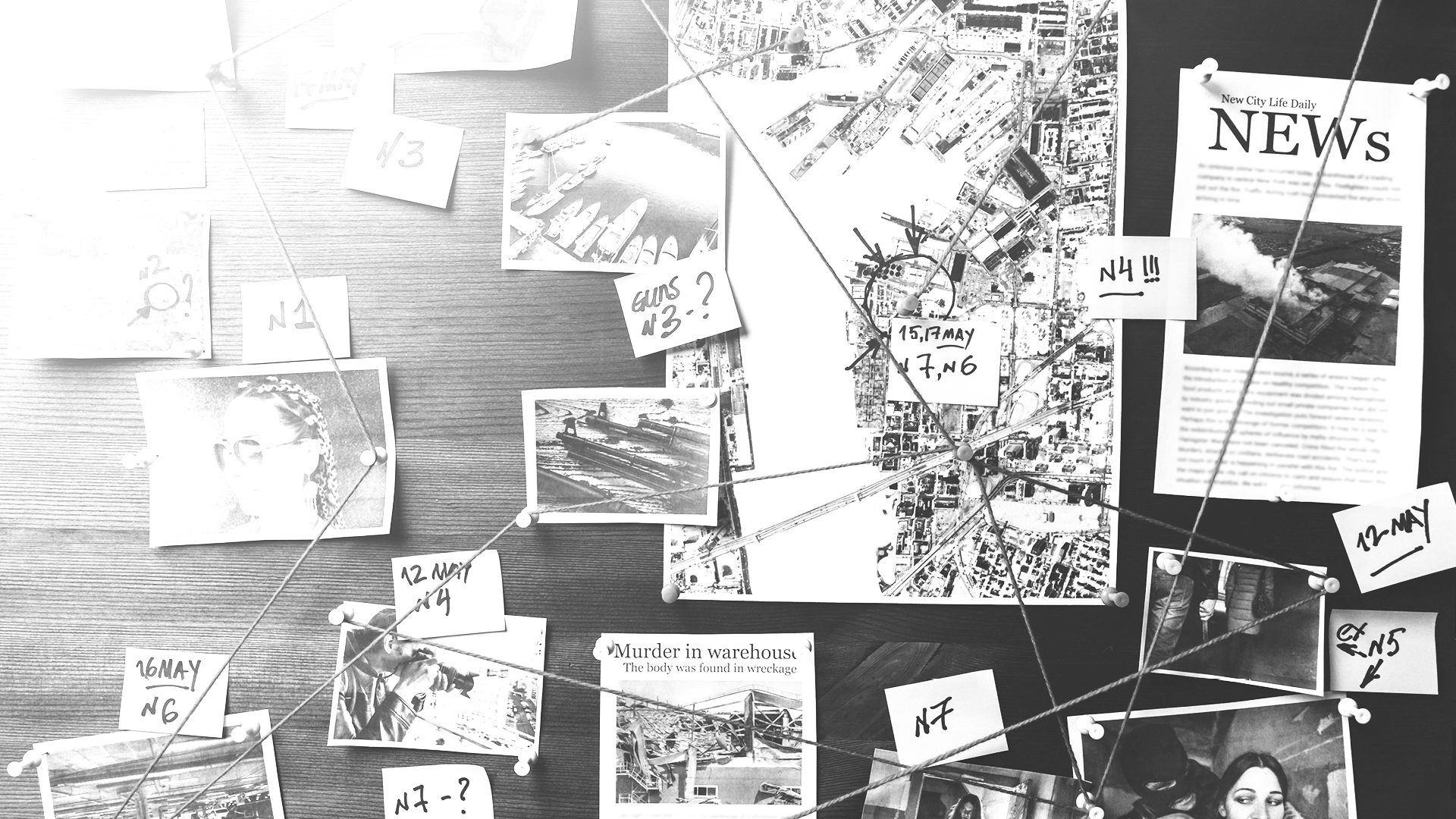 Image of a cork board with various images, sticky notes and articles on it and connected by strings.