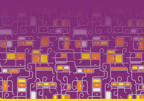 Abstract illustration of connected orange and yellow shapes on purple background.