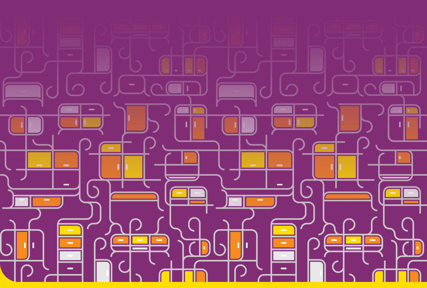Abstract illustration of connected orange and yellow shapes on purple background.