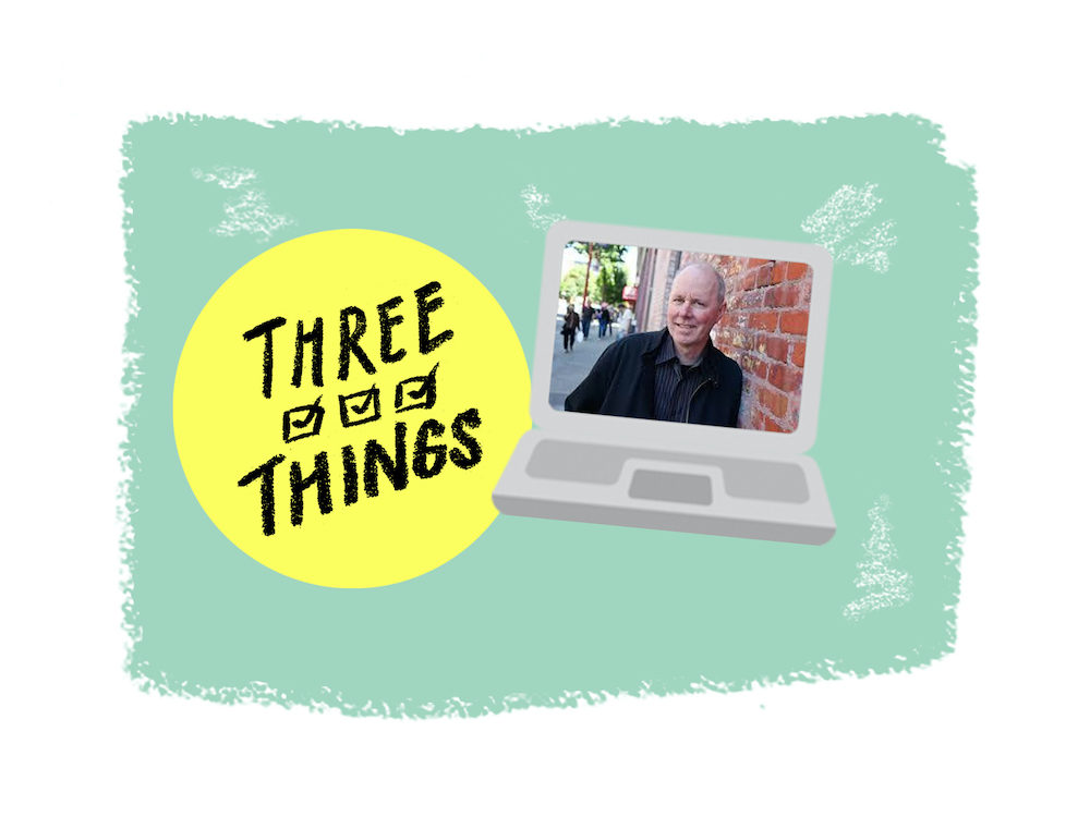Illustration of a laptop with Tyee founder David Beers on the screen, next to an illustration of a checklist with the words "Three Things" on it.