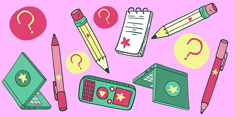 Illustrations of pencils, notebooks, question marks, a laptop and a cell phone on a bright pink background.