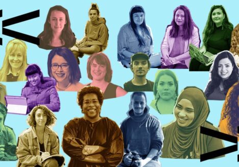 Photo collage in blue, purple, green and yellow of La Converse staff