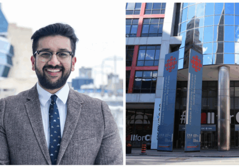 Ahmar Khan on left. CBC exterior on right.