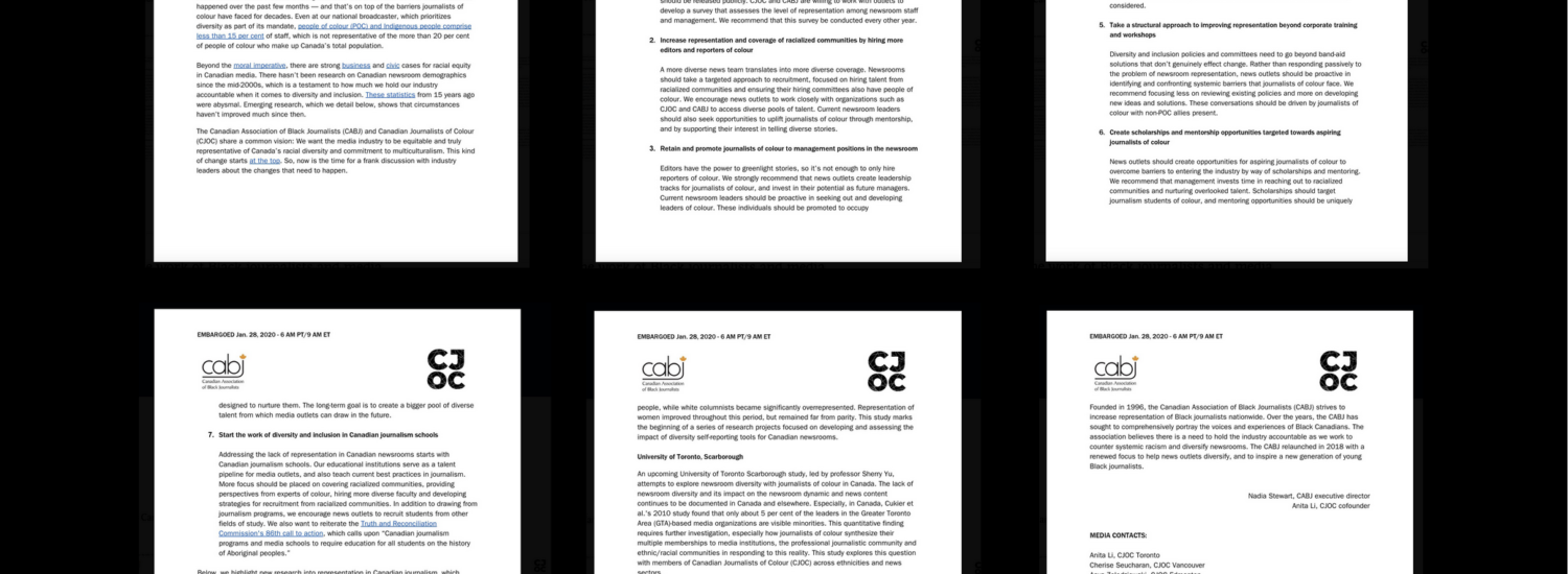 Grid of each page of the CABJ/CJOC calls to action on a black background.