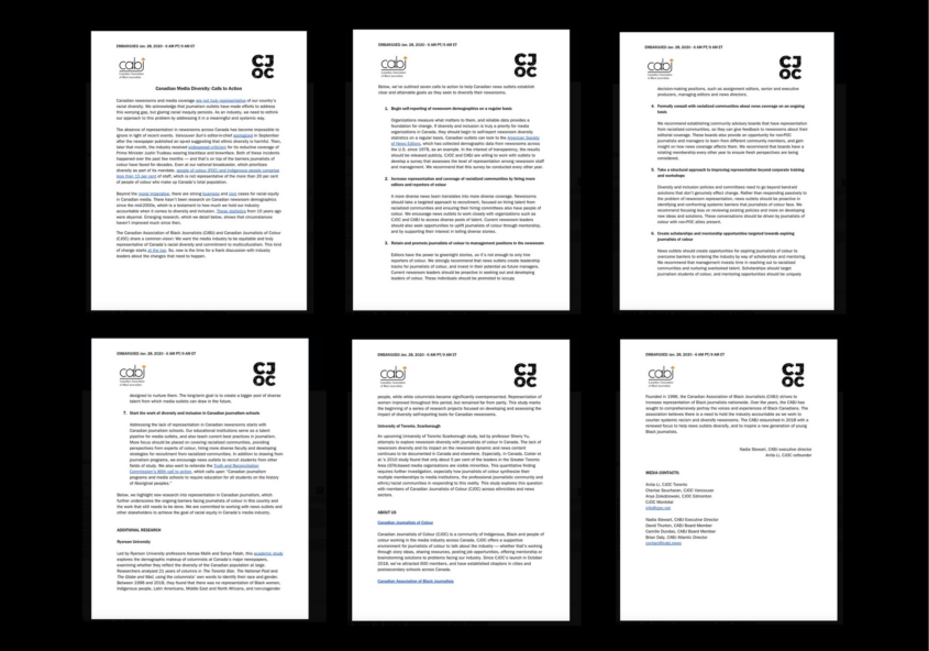 Grid of each page of the CABJ/CJOC calls to action on a black background.