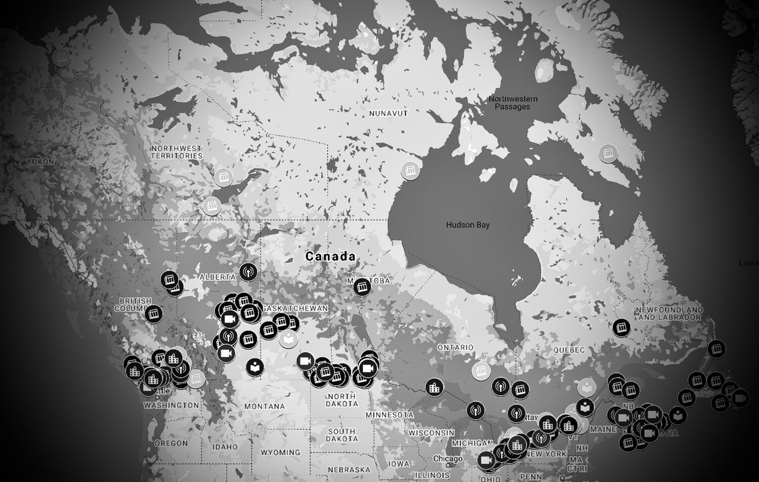 Black and white COVID-19 Media Impact Map for Canada in Google Maps showing 286 markers.